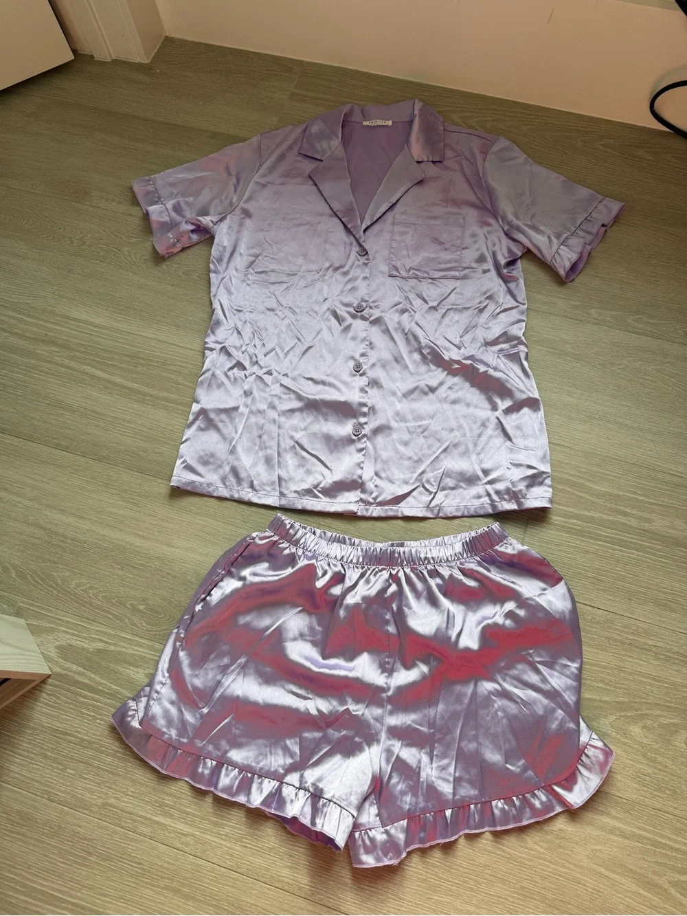 Lilac Satin Pajama Set - Button Shirt & Ruffle Shorts